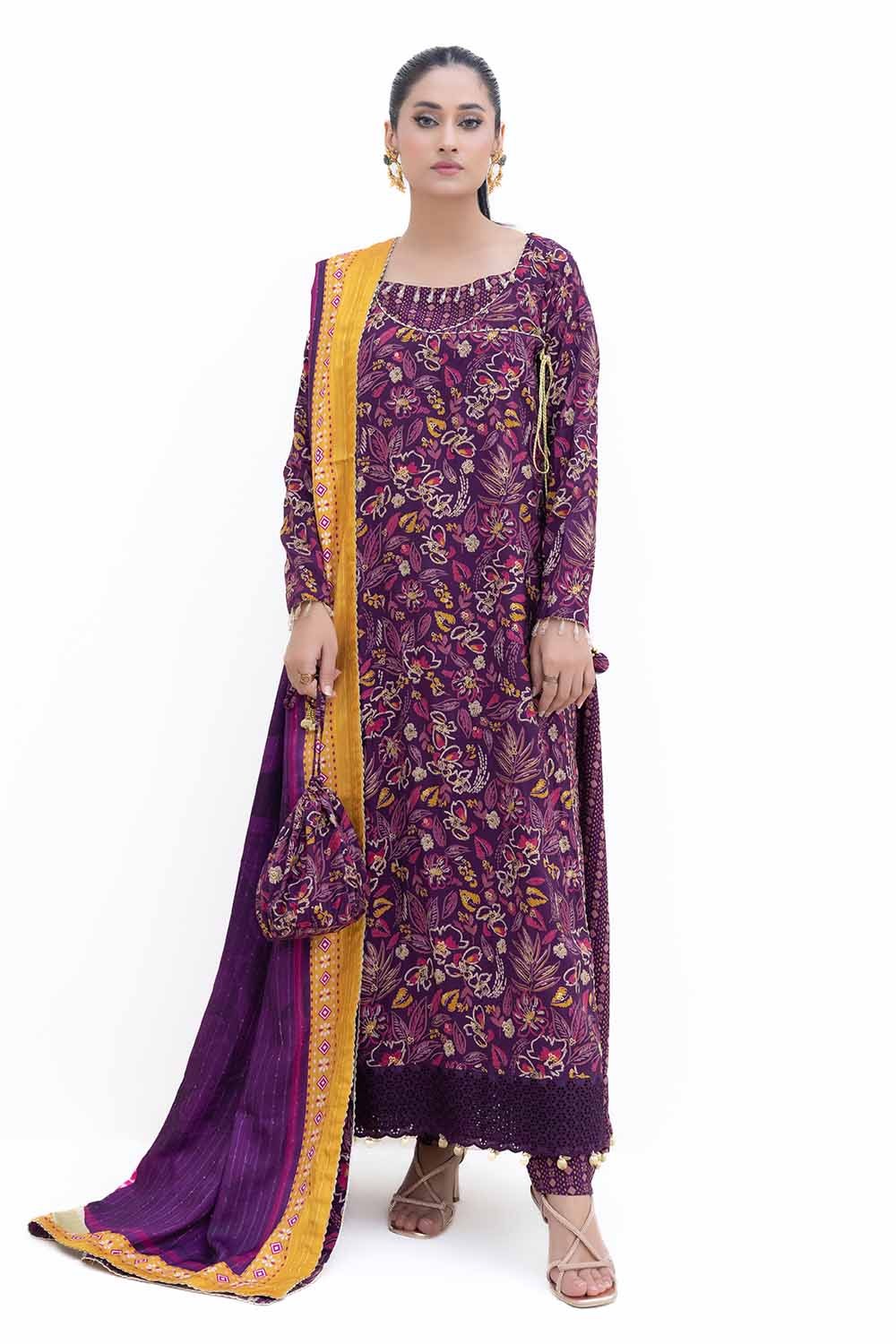 3 Piece Unstitched Gold Printed Polyestor Suit with Printed Sequins Stripe Dupatta