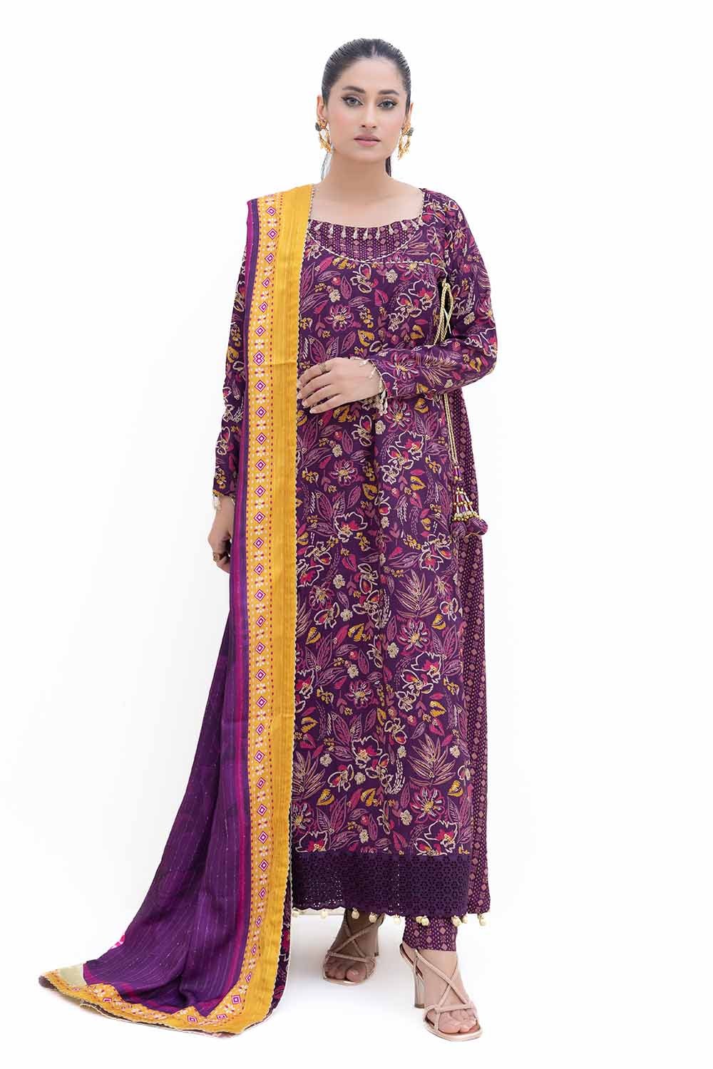 3 Piece Unstitched Gold Printed Polyestor Suit with Printed Sequins Stripe Dupatta