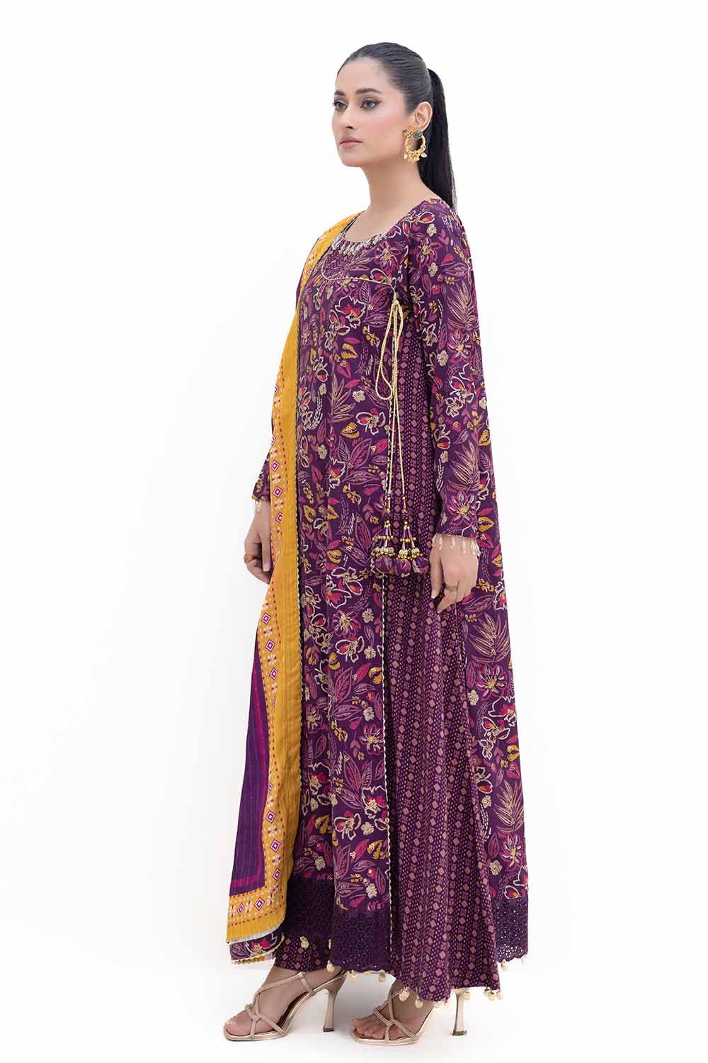 3 Piece Unstitched Gold Printed Polyestor Suit with Printed Sequins Stripe Dupatta