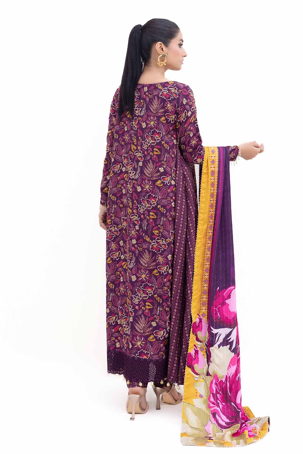 3 Piece Unstitched Gold Printed Polyestor Suit with Printed Sequins Stripe Dupatta