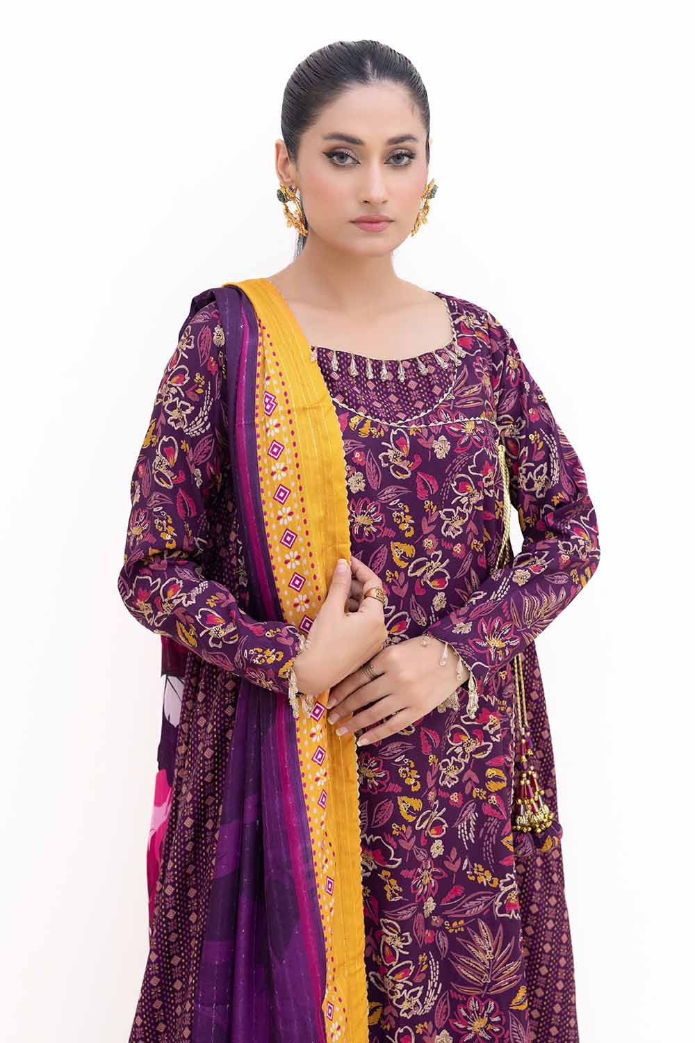 3 Piece Unstitched Gold Printed Polyestor Suit with Printed Sequins Stripe Dupatta