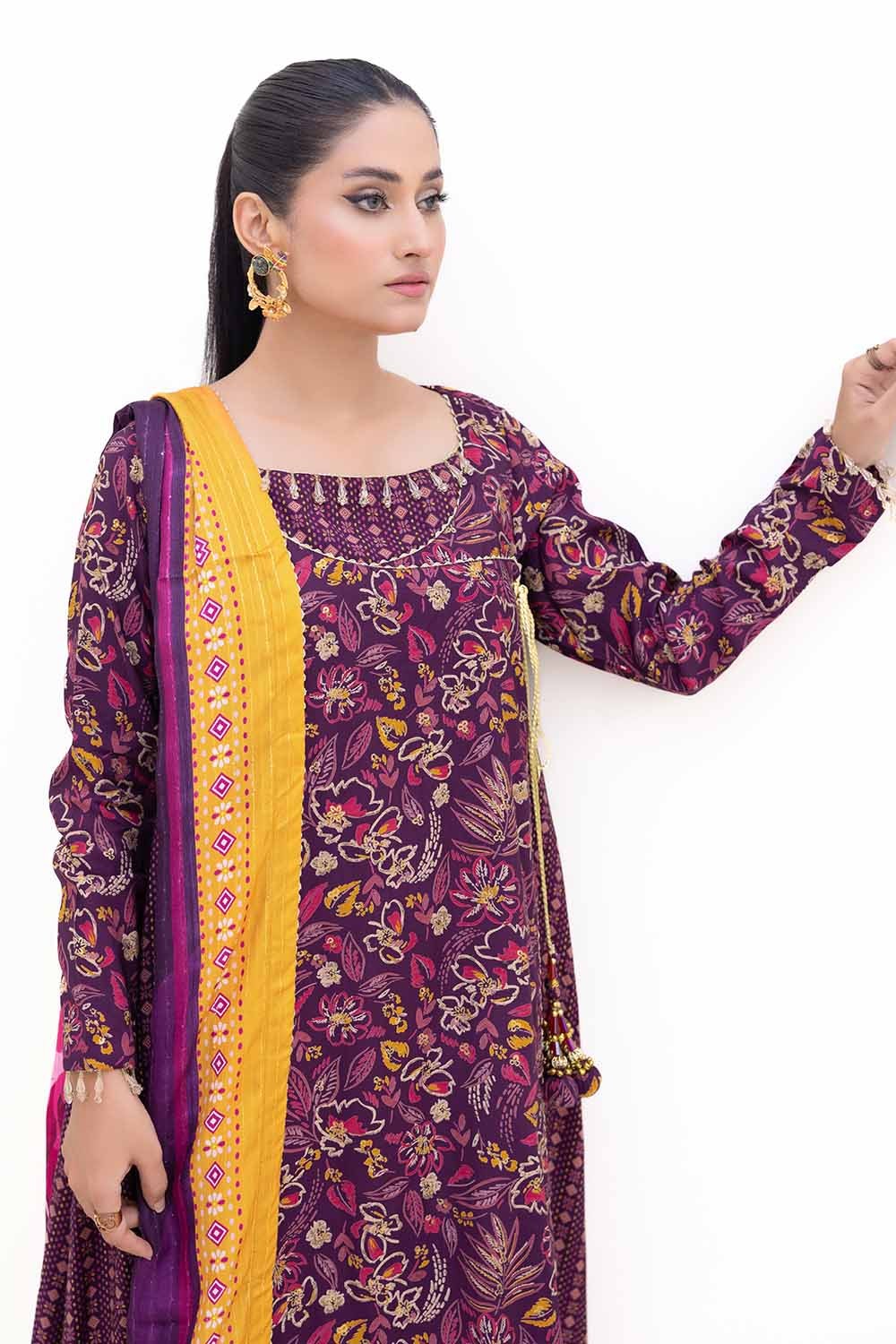 3 Piece Unstitched Gold Printed Polyestor Suit with Printed Sequins Stripe Dupatta