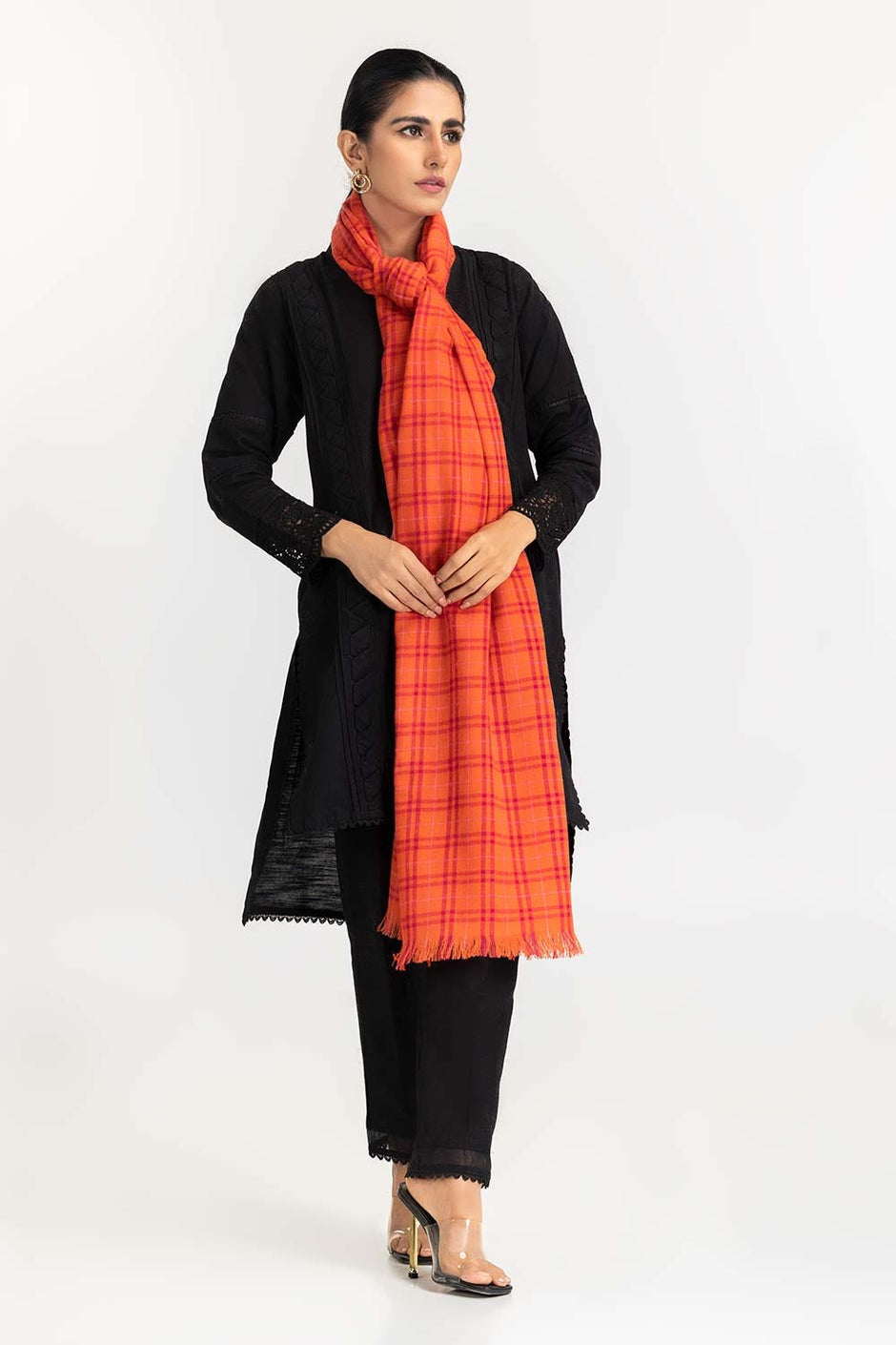 Orange Stole With Checkered Pattern