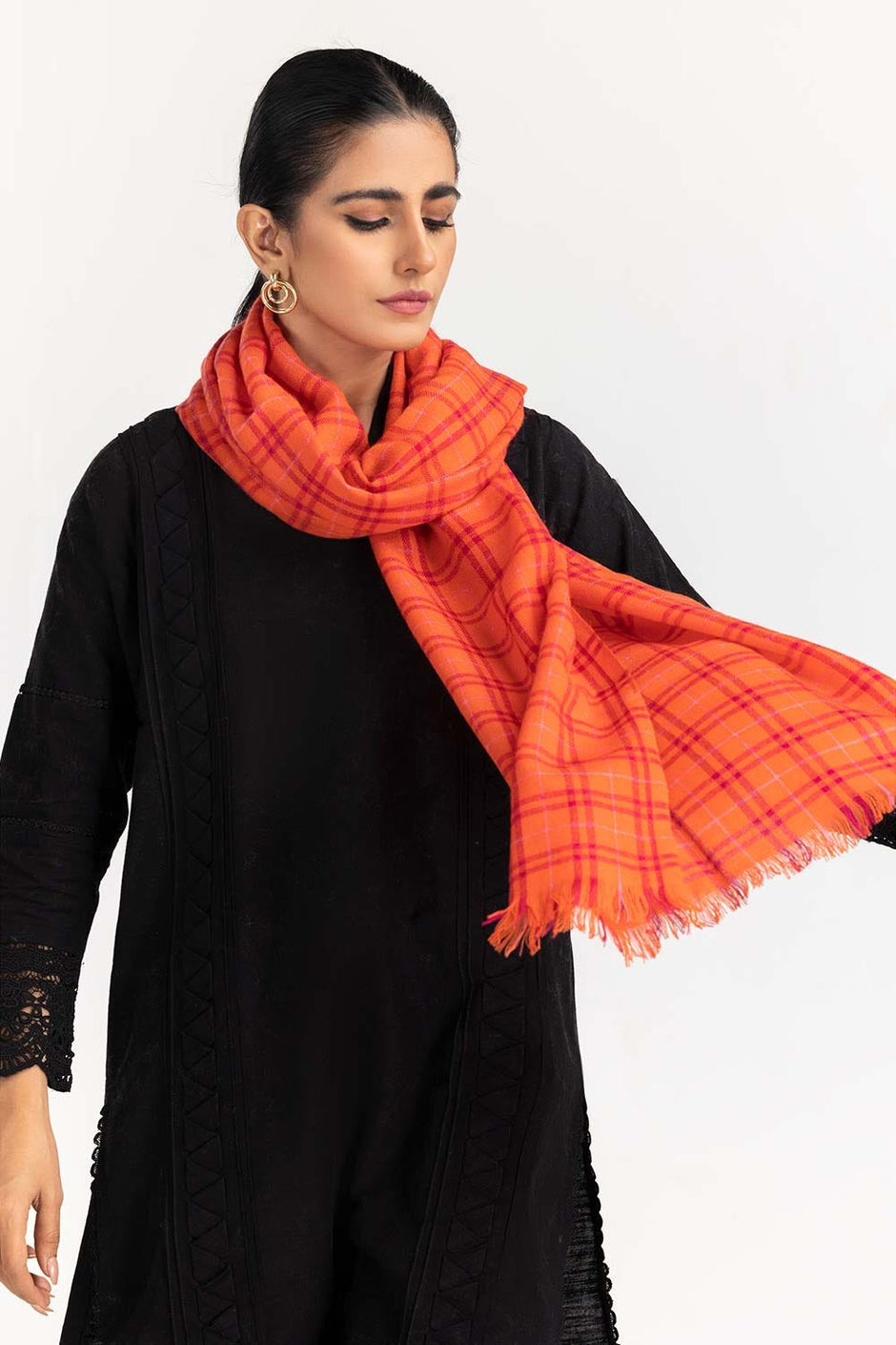 Orange Stole With Checkered Pattern