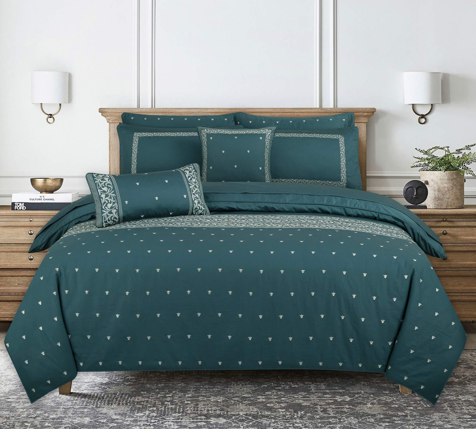 Teal Green T-400 Embroidered Quilt Cover Set