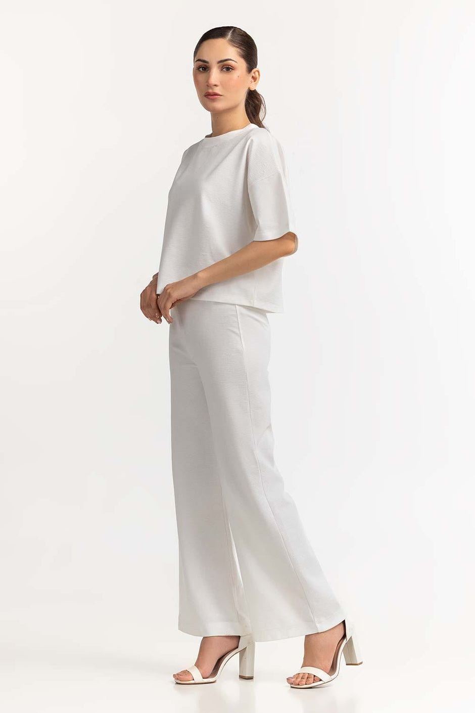 Textured Crew Neck White Shirt