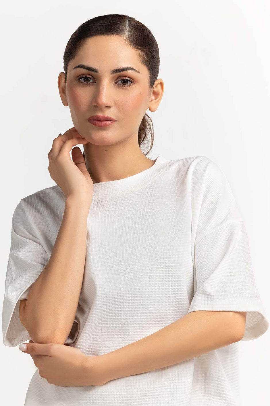 Textured Crew Neck White Shirt