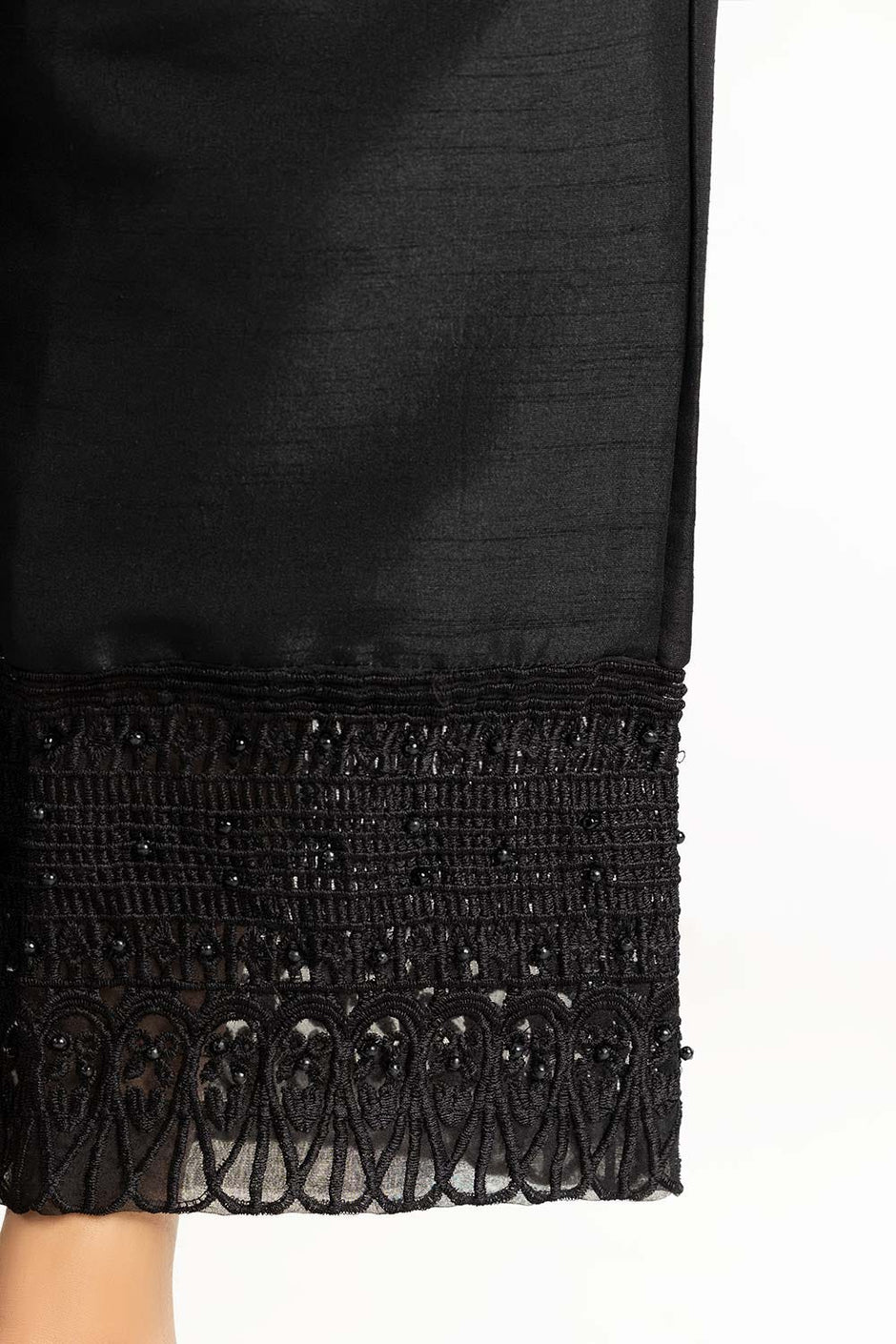 Black Dyed Raw Silk Embroidered Trousers