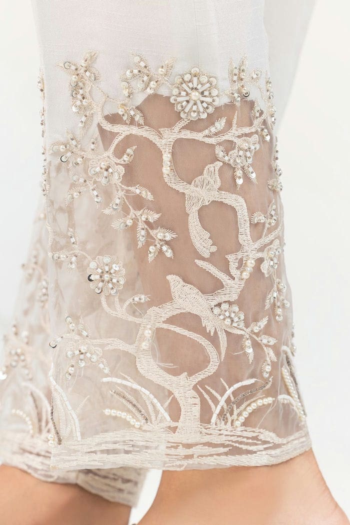 White Embroicered Indian Raw Silk Trousers TR-21-117