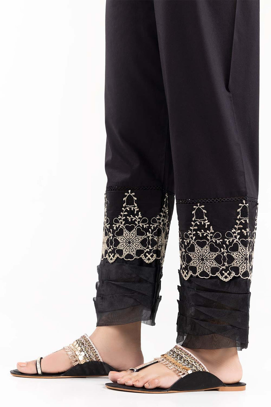 Black Cambric Embroidered Trousers