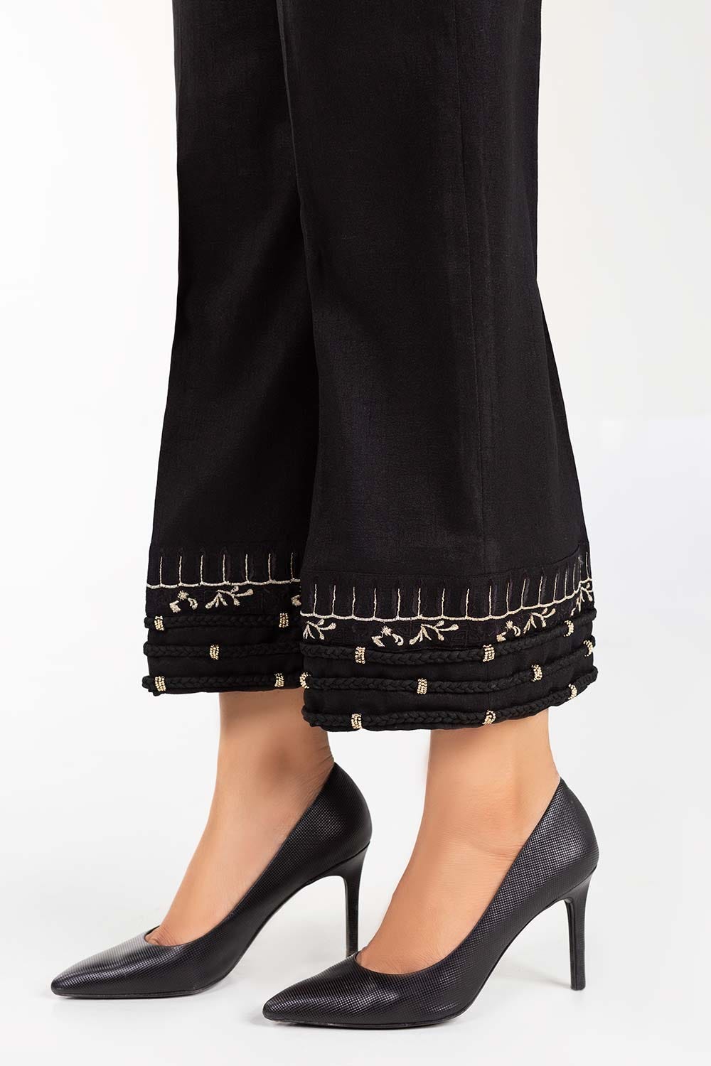 Black Embroidered Raw Silk Trousers TR-21-156