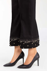 Black Embroidered Raw Silk Trousers TR-21-156