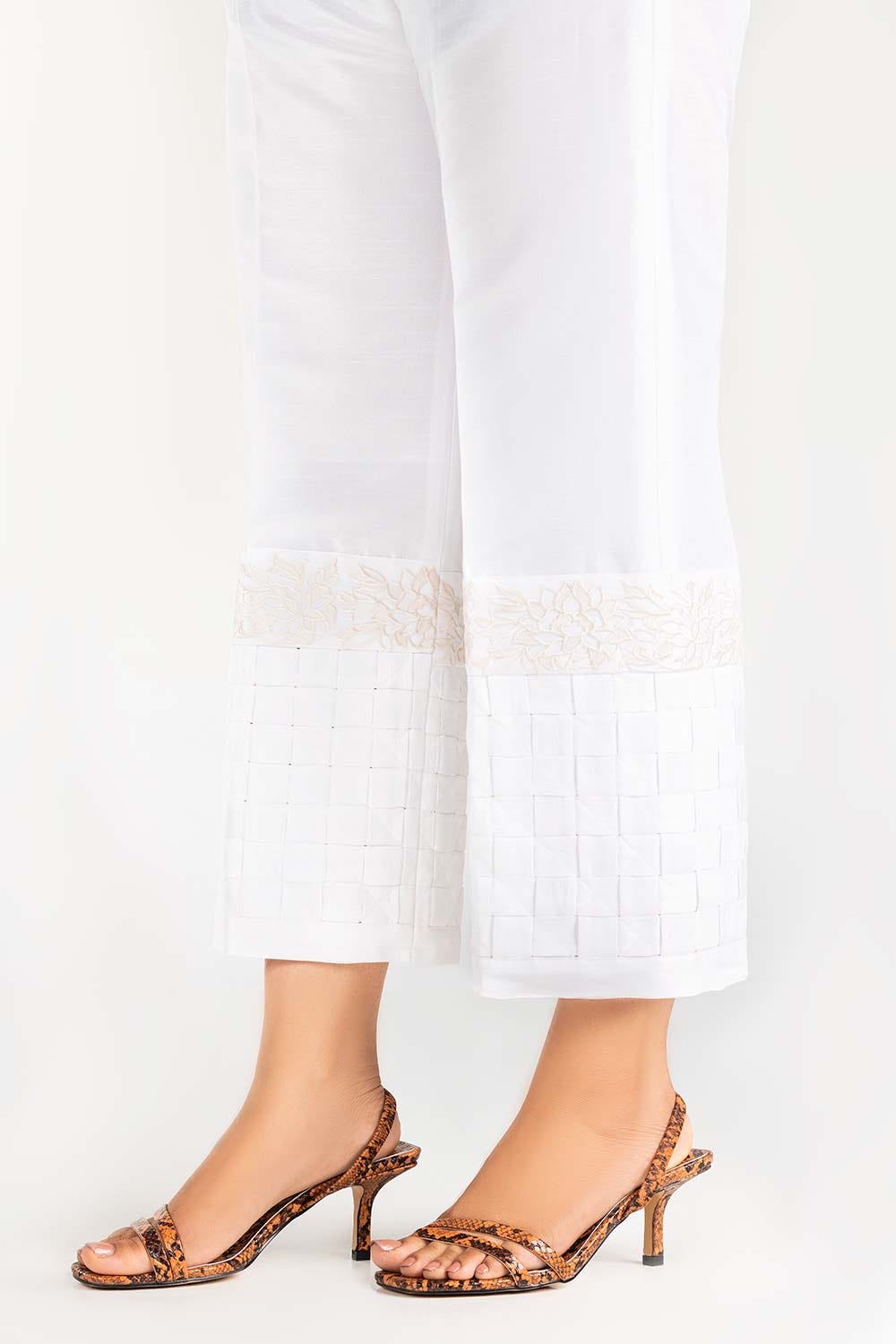 White Embroidered Raw Silk Trousers TR-21-157