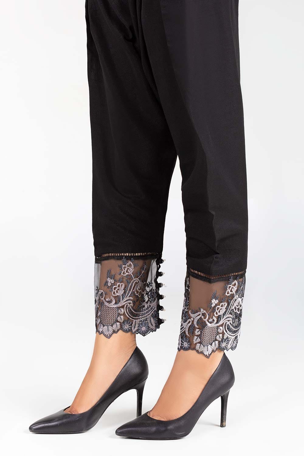 Black Embroidered Raw Silk Trousers TR-21-158