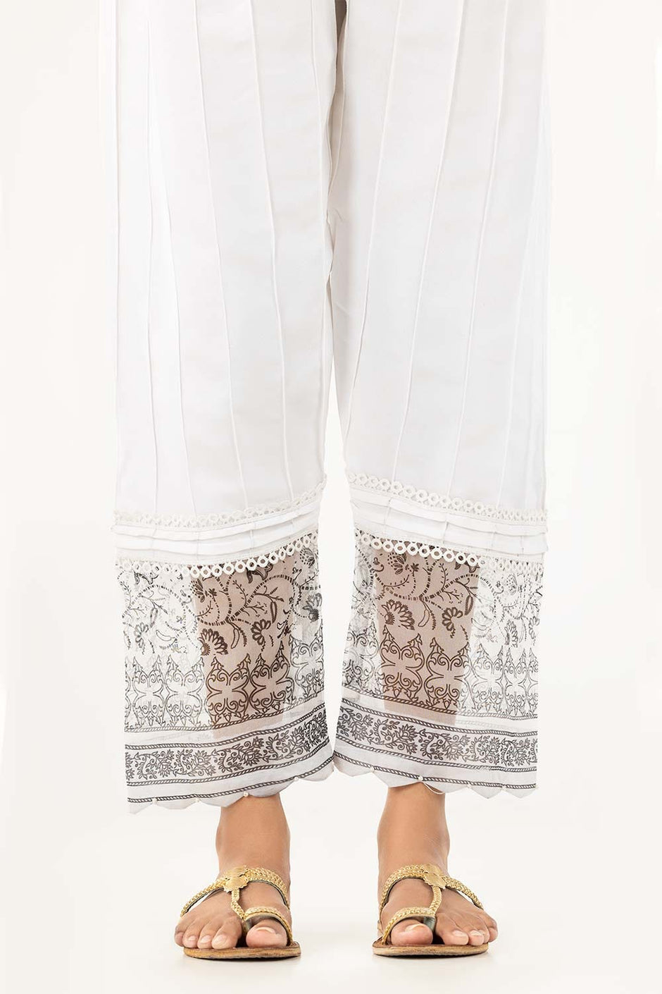 White Screen Printed Raw Silk Pants