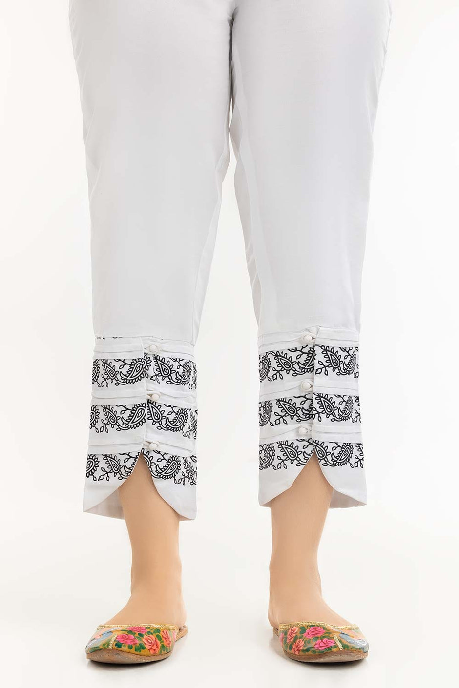 White Screen Printed Raw Silk Pants