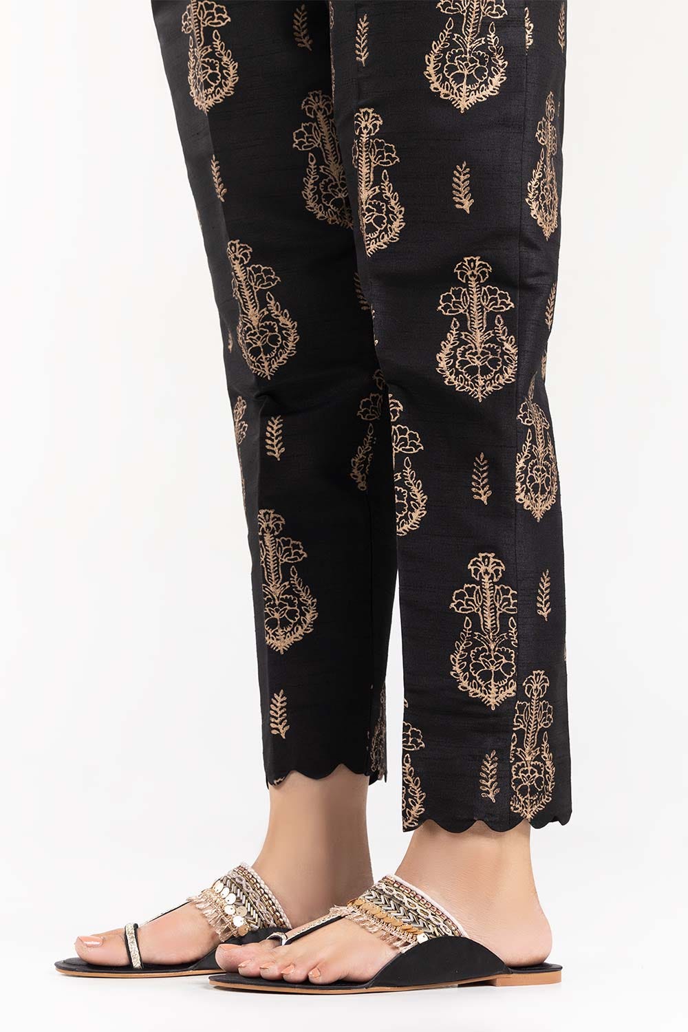 Black Screen Printed Raw Silk Pants TR-21-163