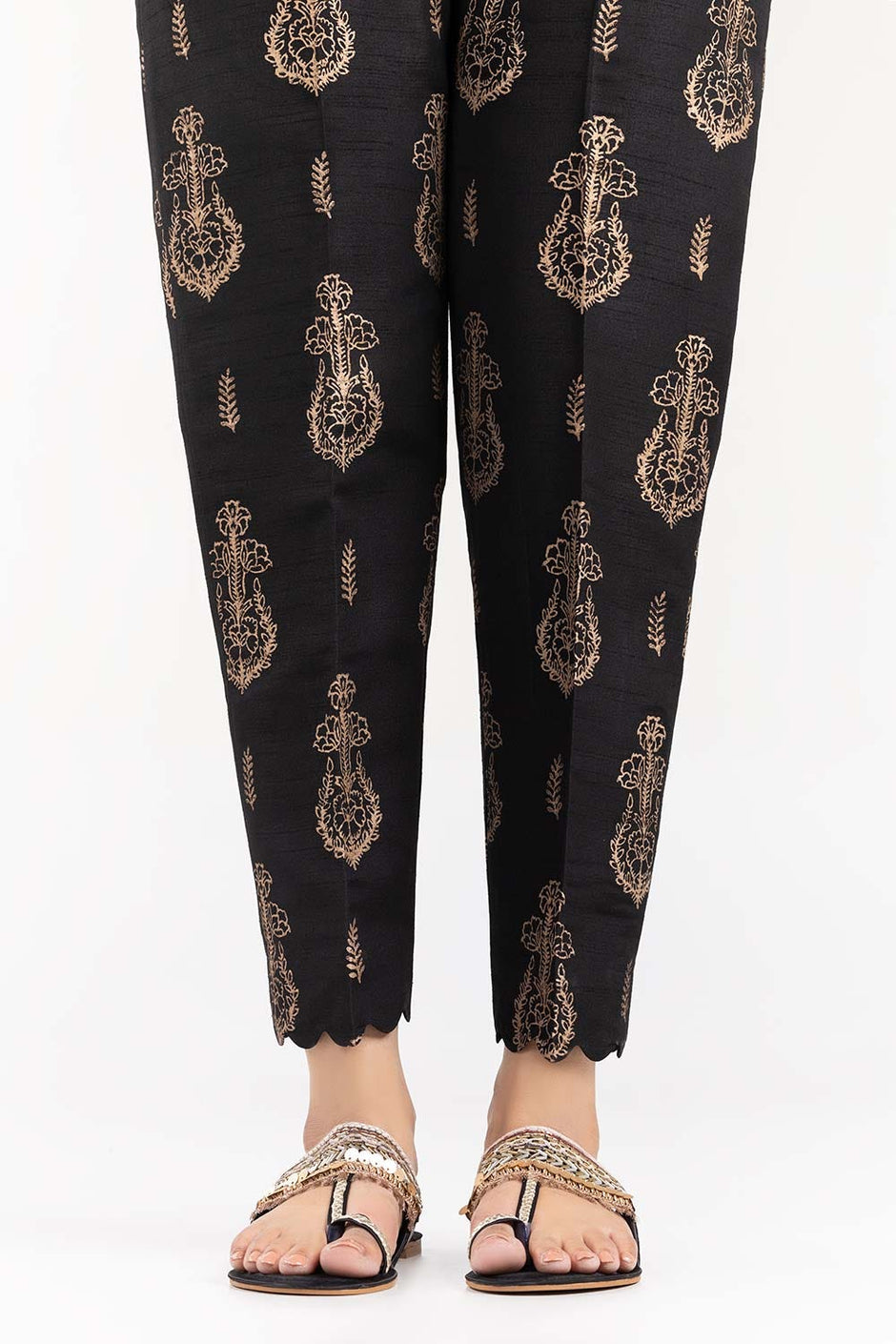 Black Screen Printed Raw Silk Pants