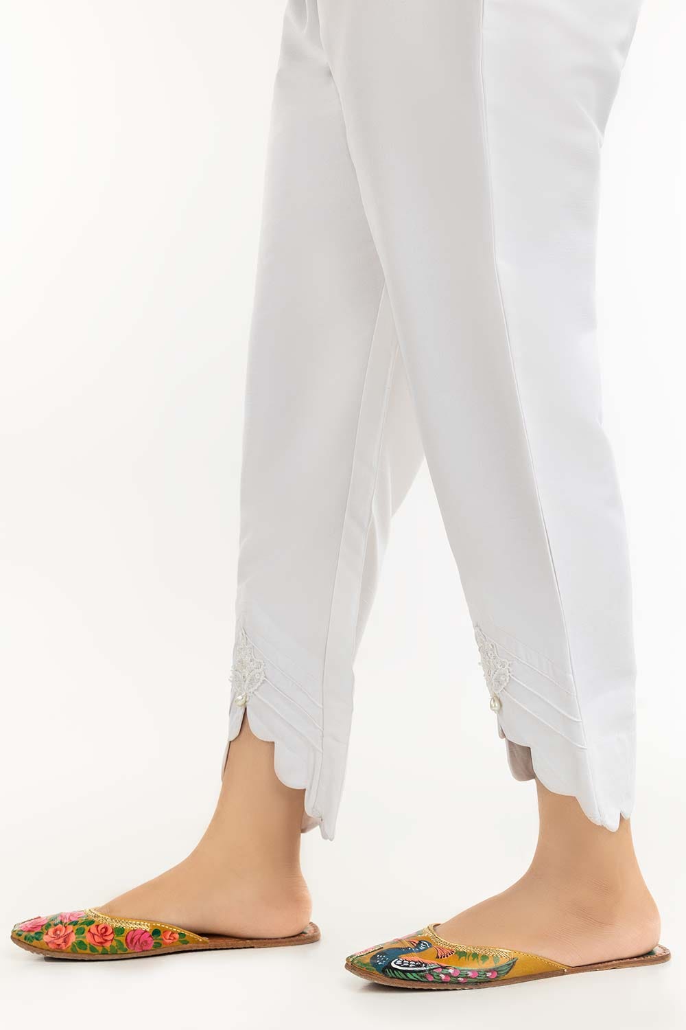 White Embroidered Raw Silk Pants