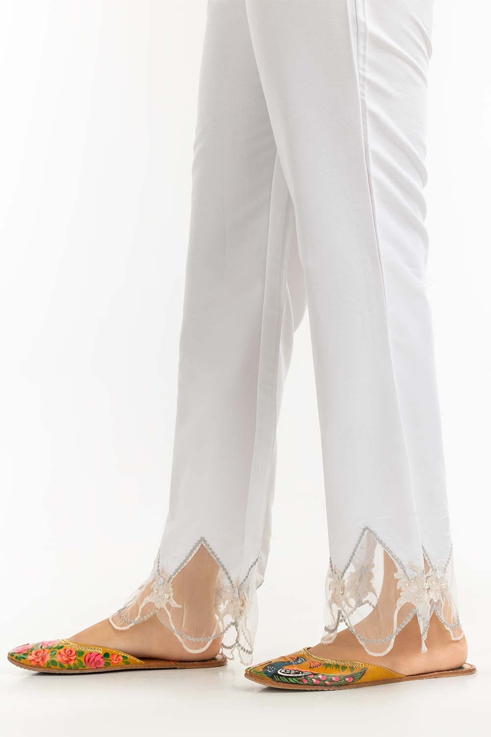 White Embroidered Raw Silk Pants