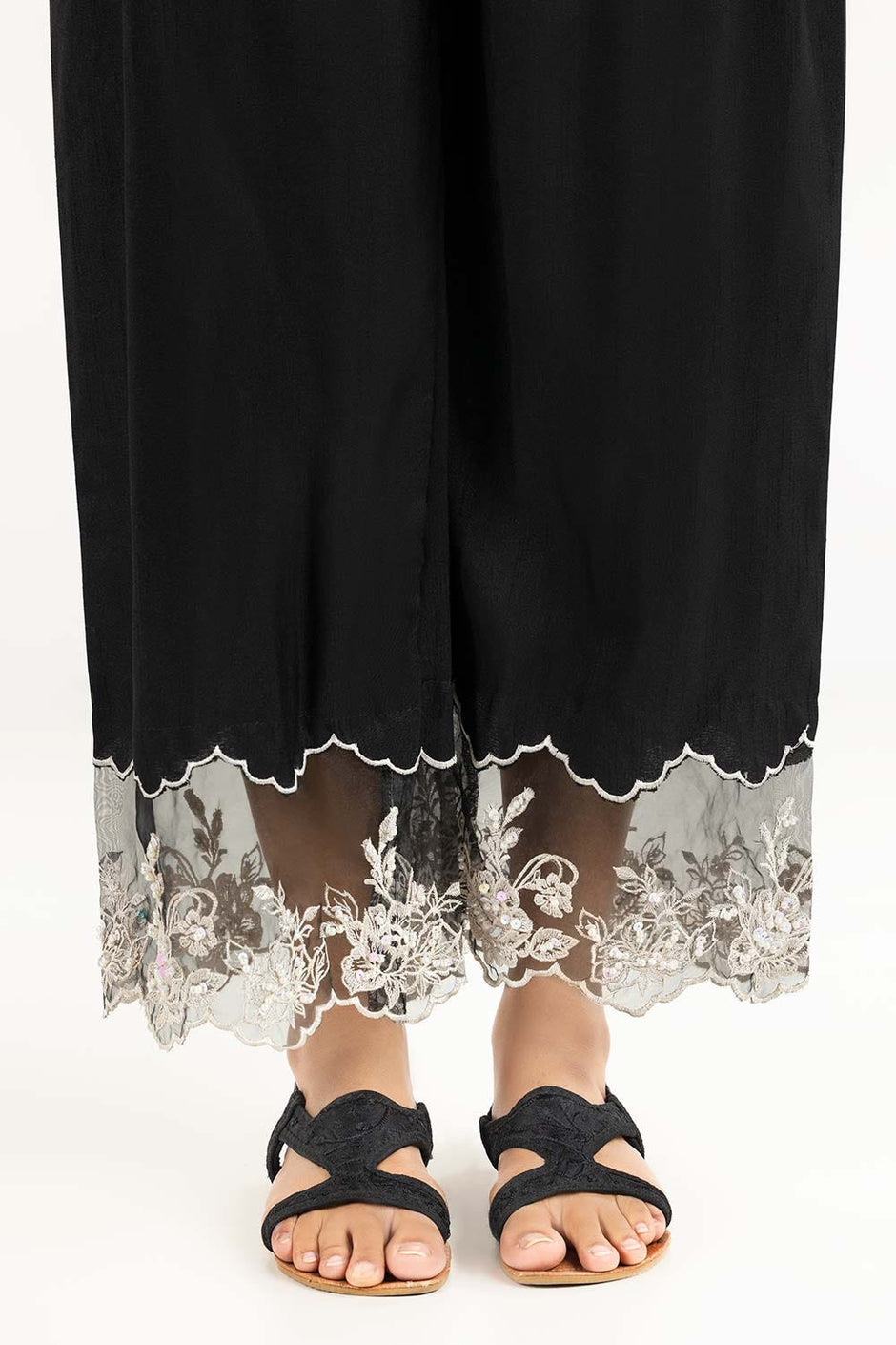 Black Embroidered Raw Silk Trousers