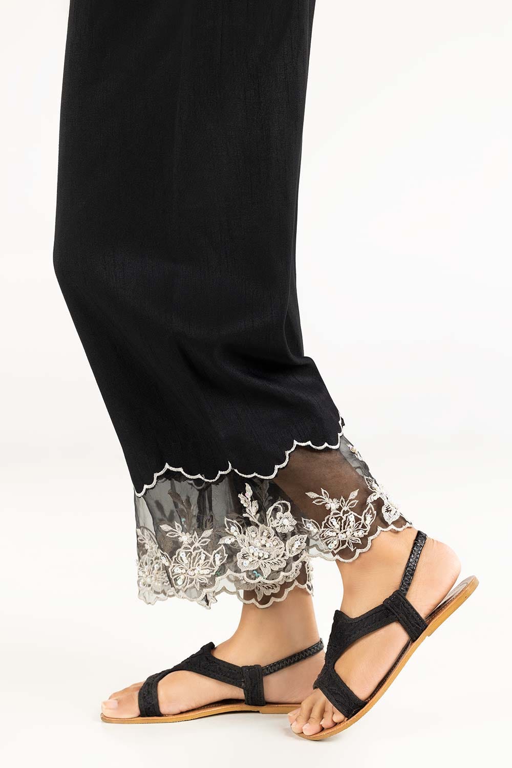 Black Embroidered Raw Silk Trousers TR-21-186