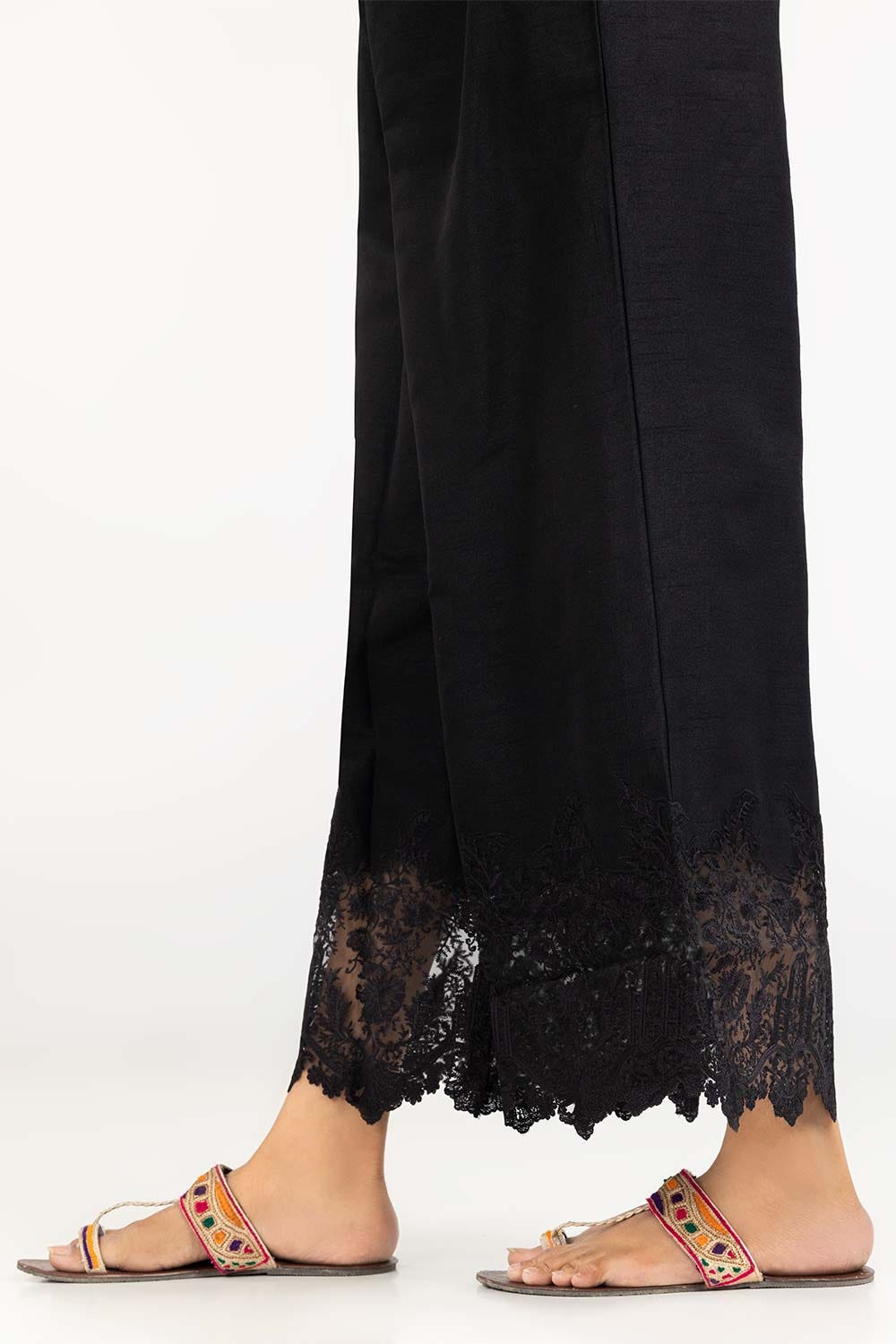 Black Raw Silk Embroidered Trousers