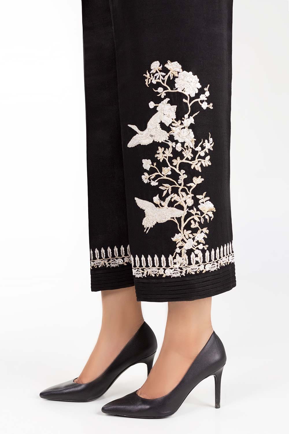 Embroidered Black Raw Silk Trousers