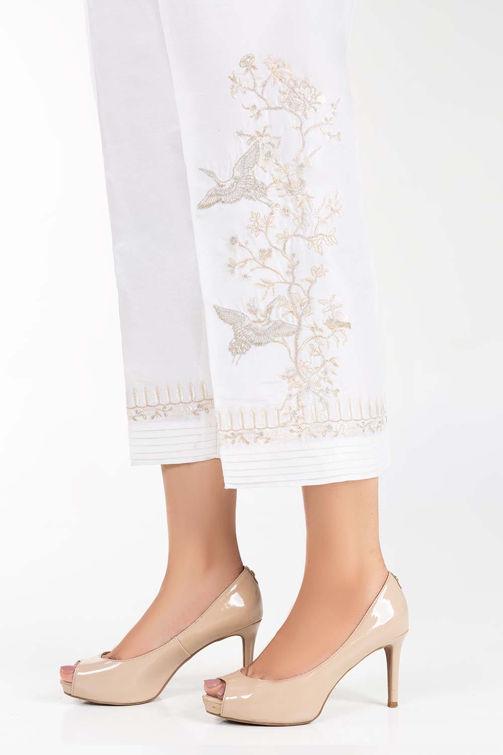 Embroidered White Raw Silk Trousers