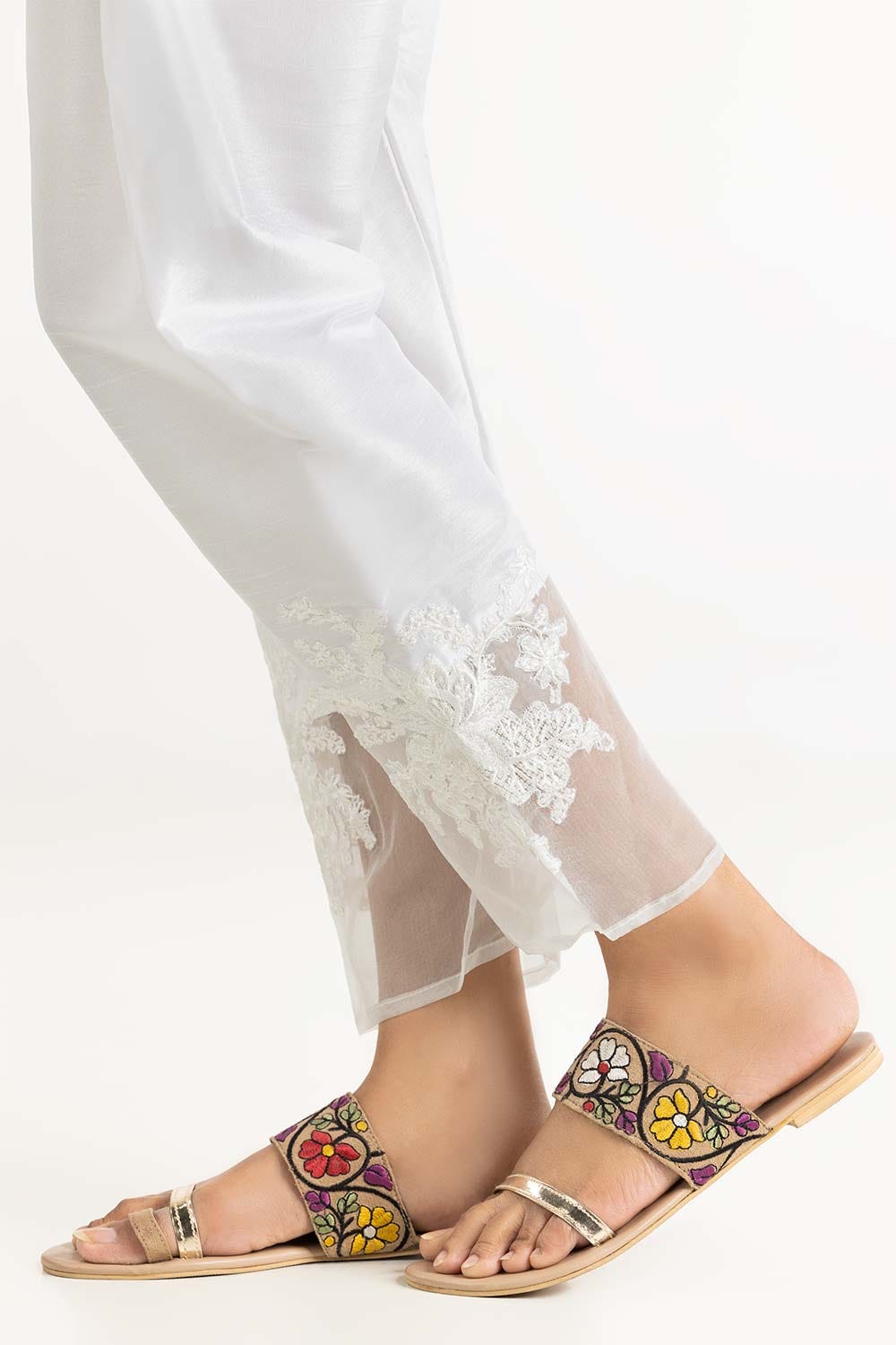 White Embroidered Raw Silk Trousers