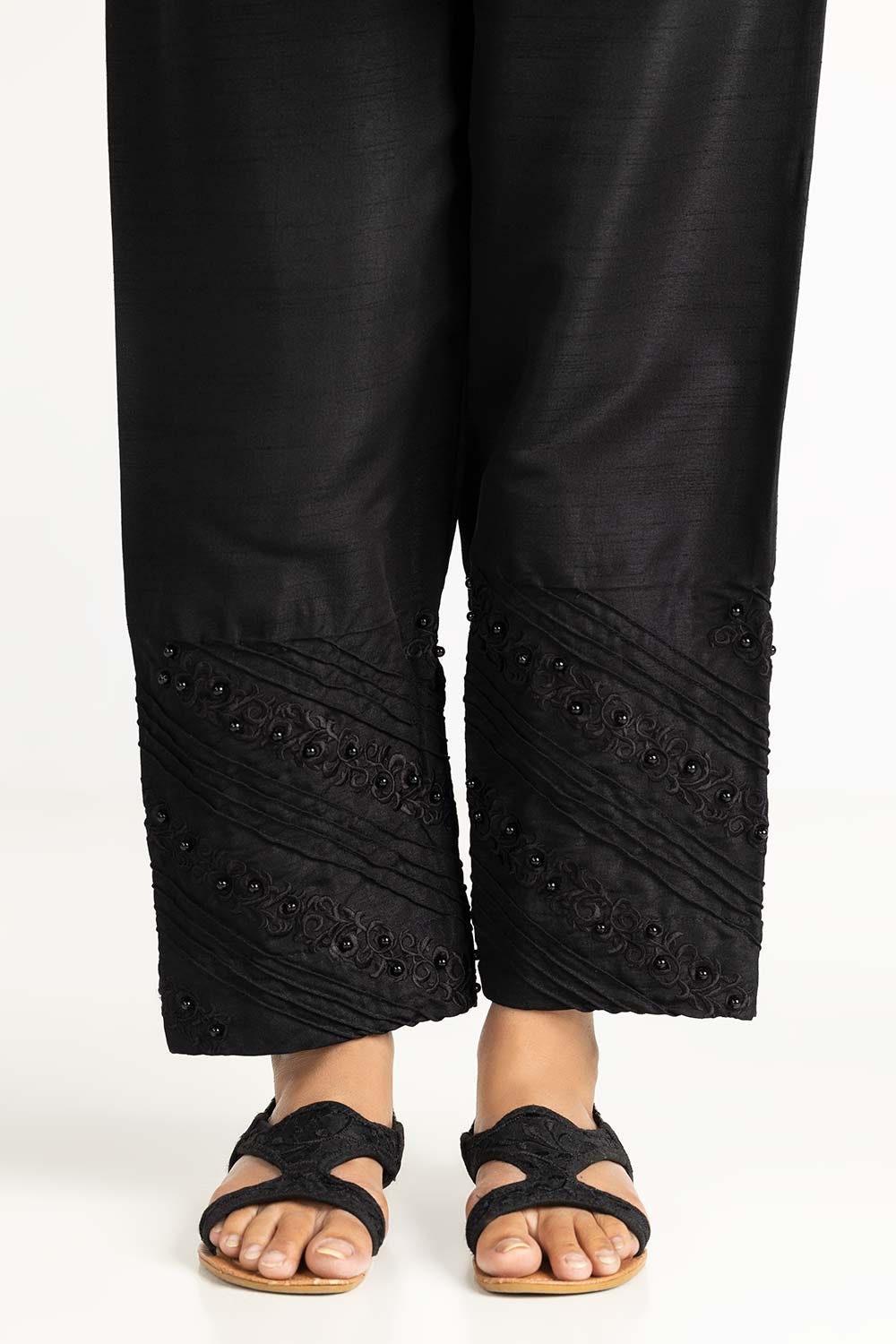 Black Raw Silk Embroidered Trousers