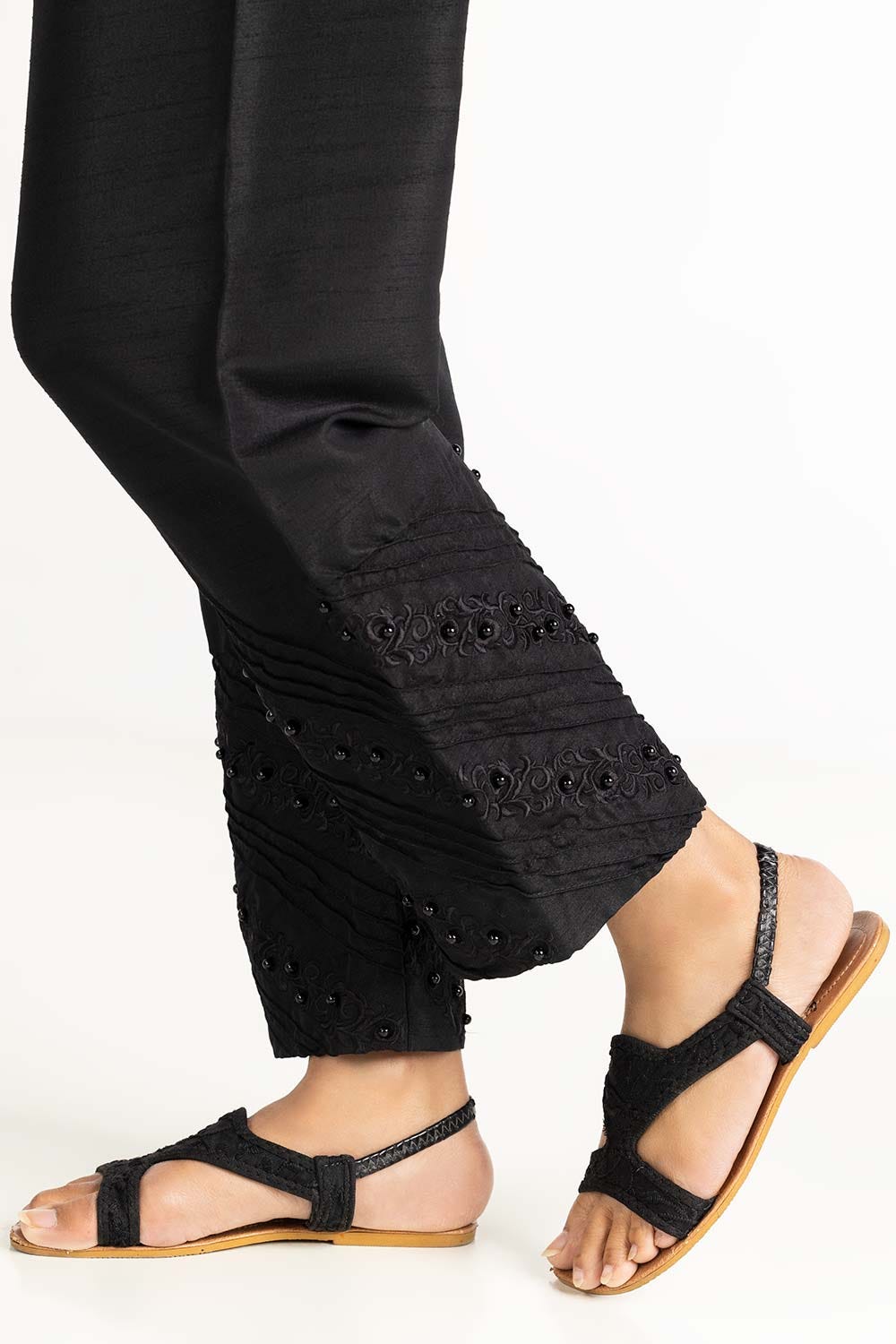 Black Raw Silk Embroidered Trousers