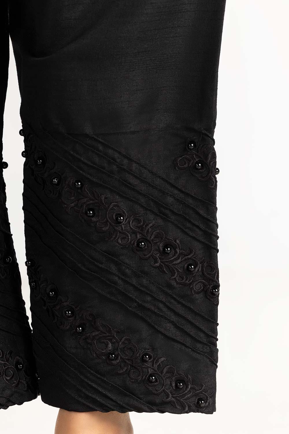 Black Raw Silk Embroidered Trousers