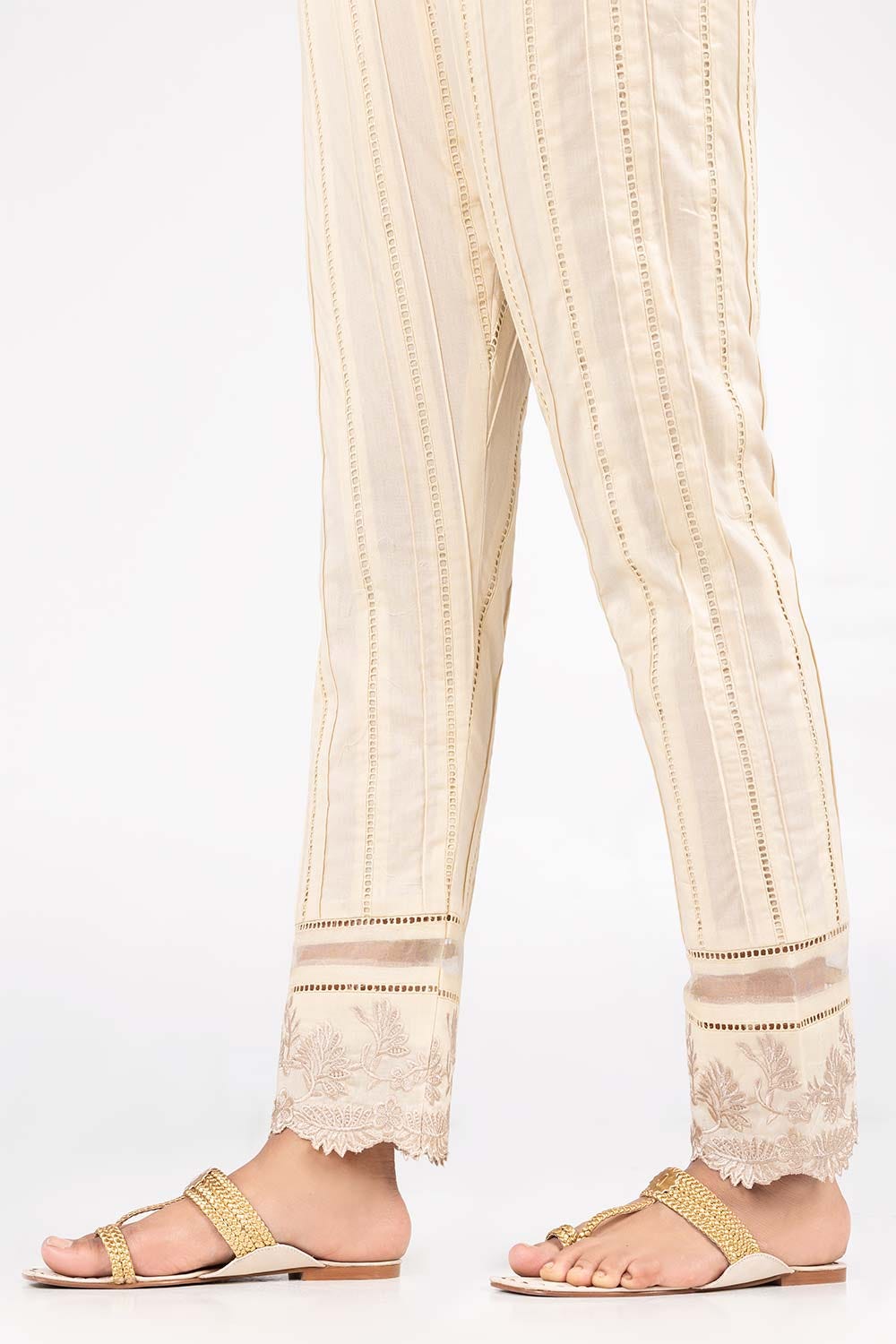 Beige Embroidered Cambric Trousers