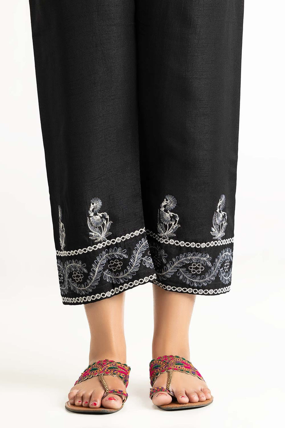 Black Raw Silk Embroidered Trousers
