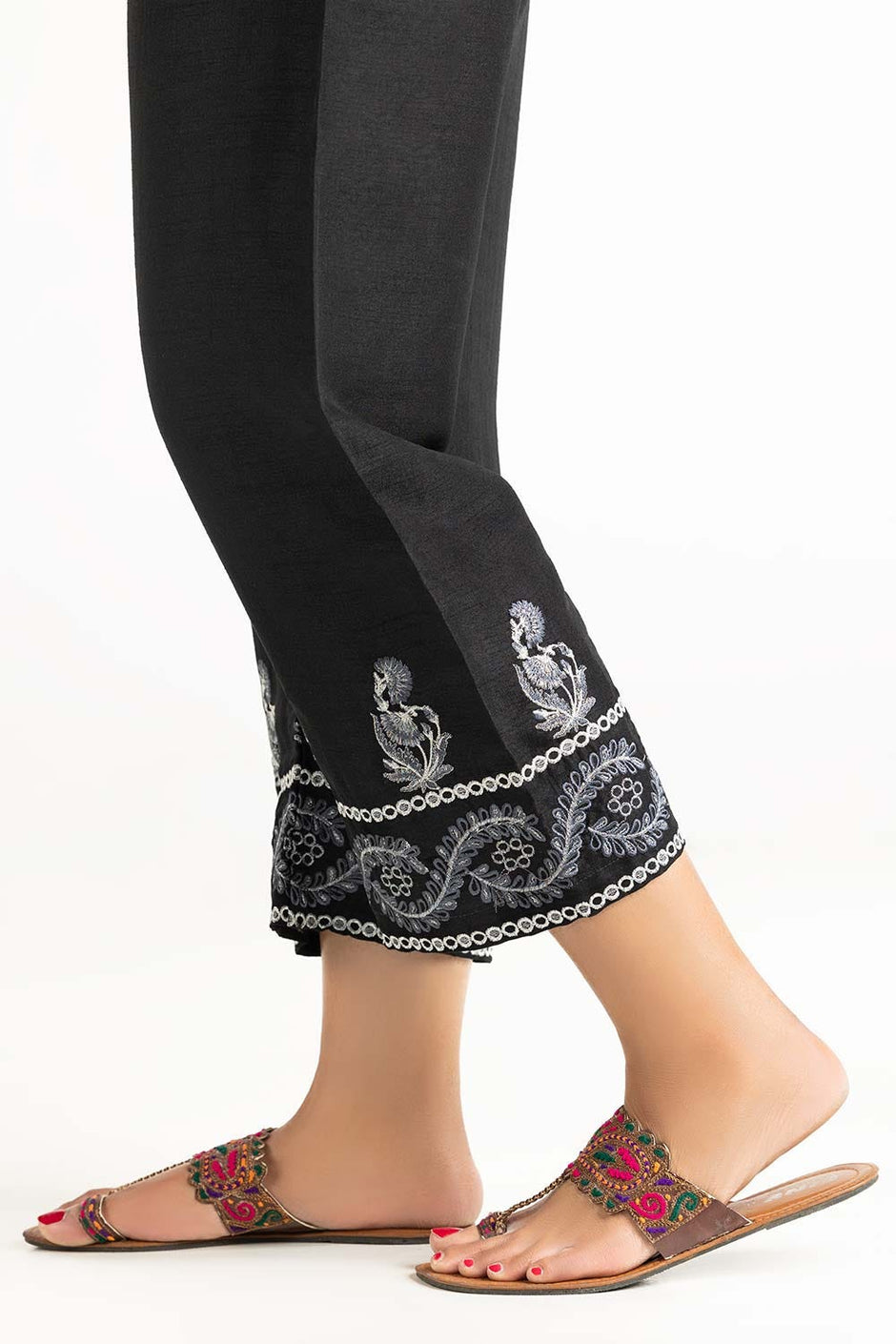 Black Raw Silk Embroidered Trousers