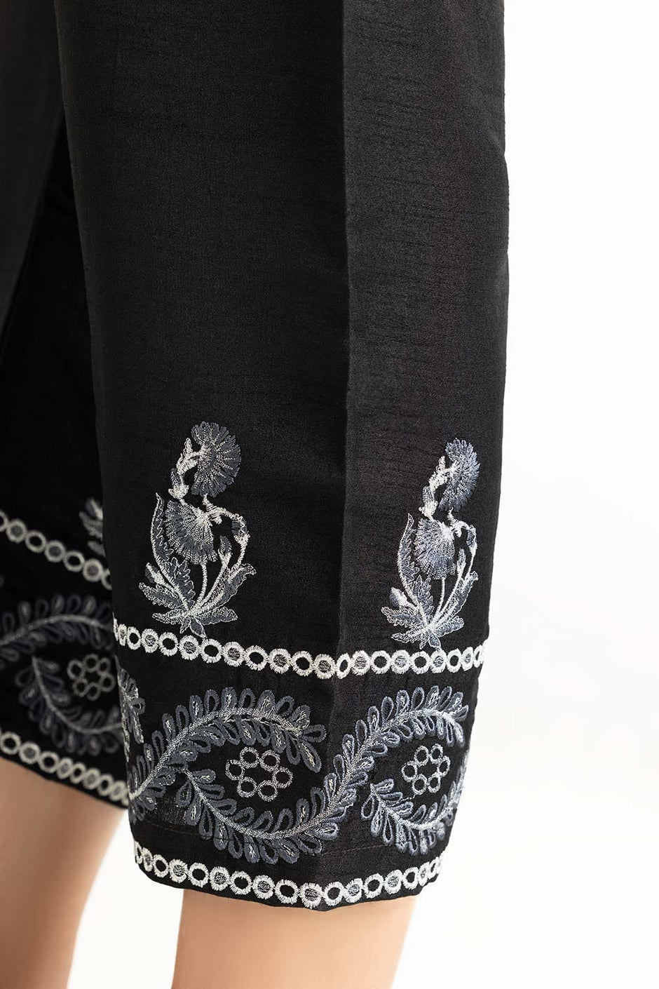 Black Raw Silk Embroidered Trousers