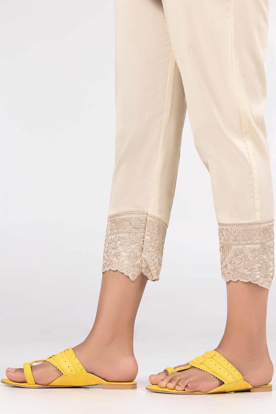 Beige Embroidered Cambric Trousers