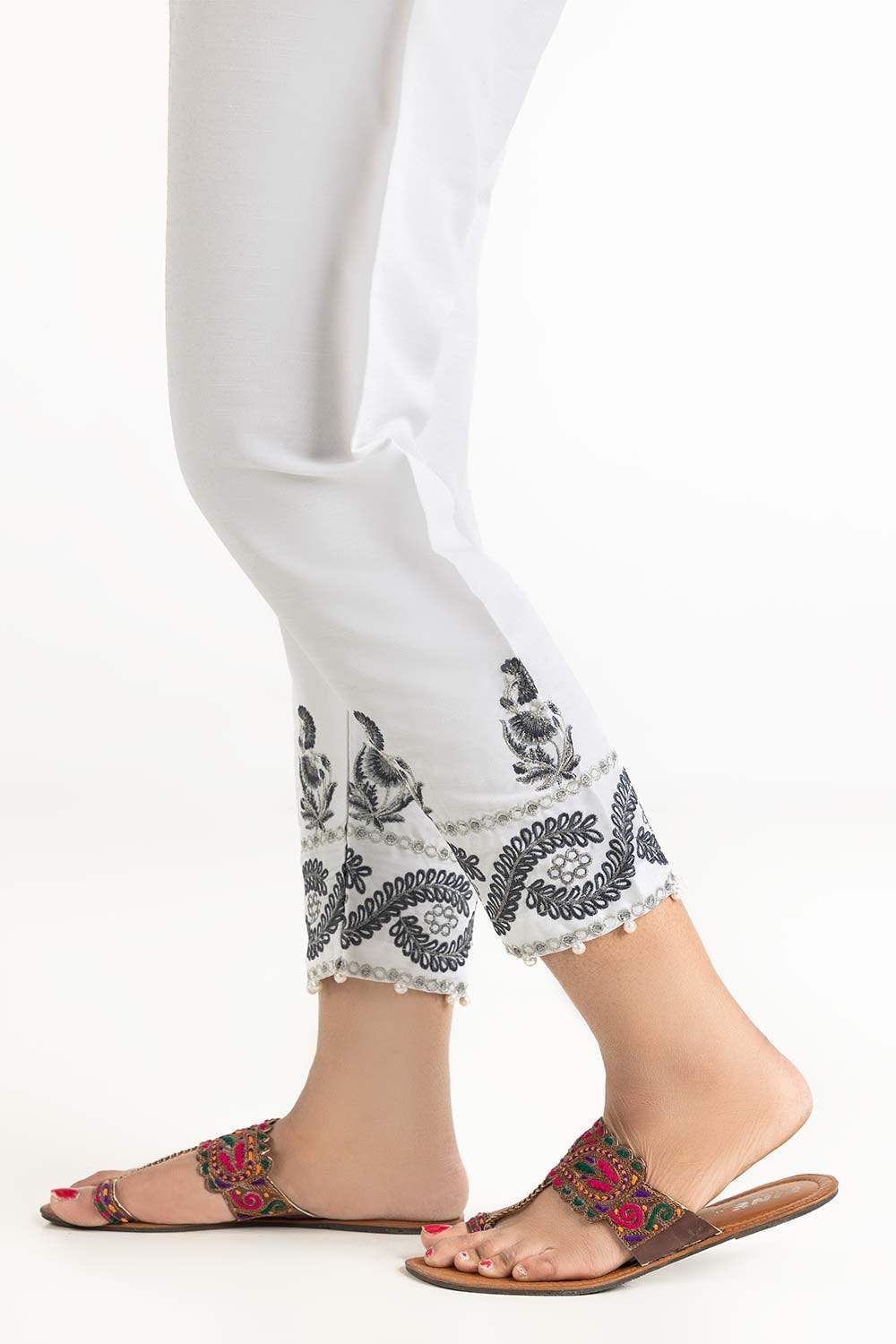 Off White Raw Silk Embroidered Trousers TR-22-131