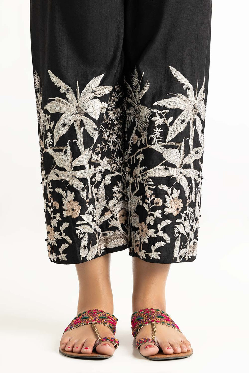 Black Raw Silk Embroidered Trousers