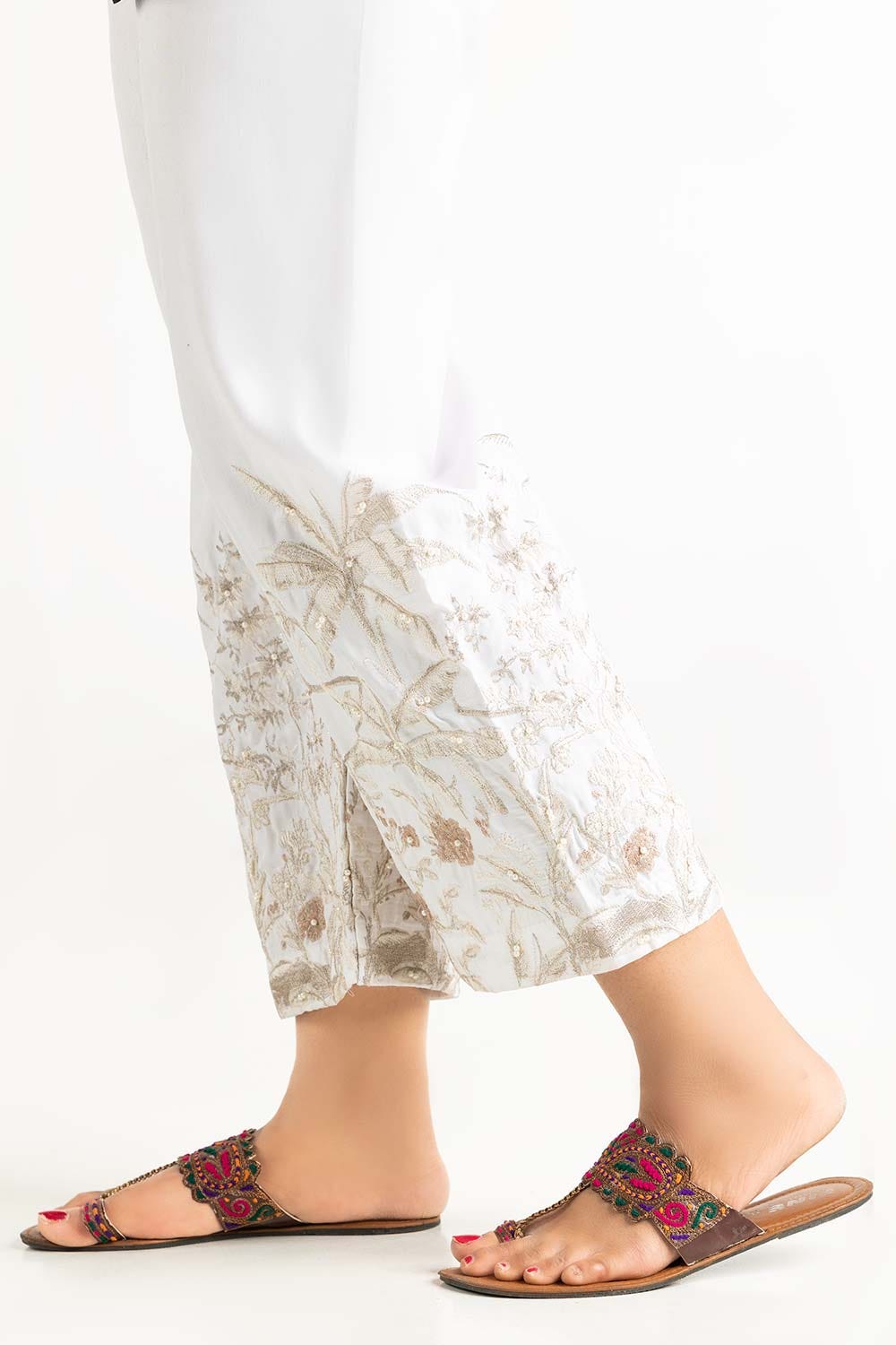 Off White Raw Silk Embroidered Trousers TR-22-134