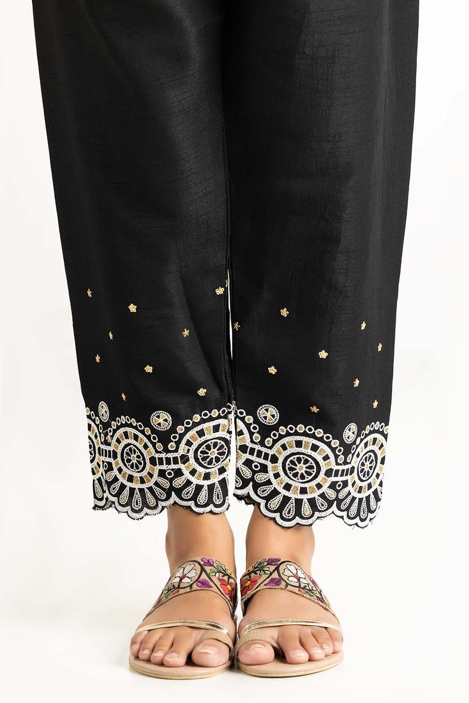 Black Raw Silk Embroidered Trousers