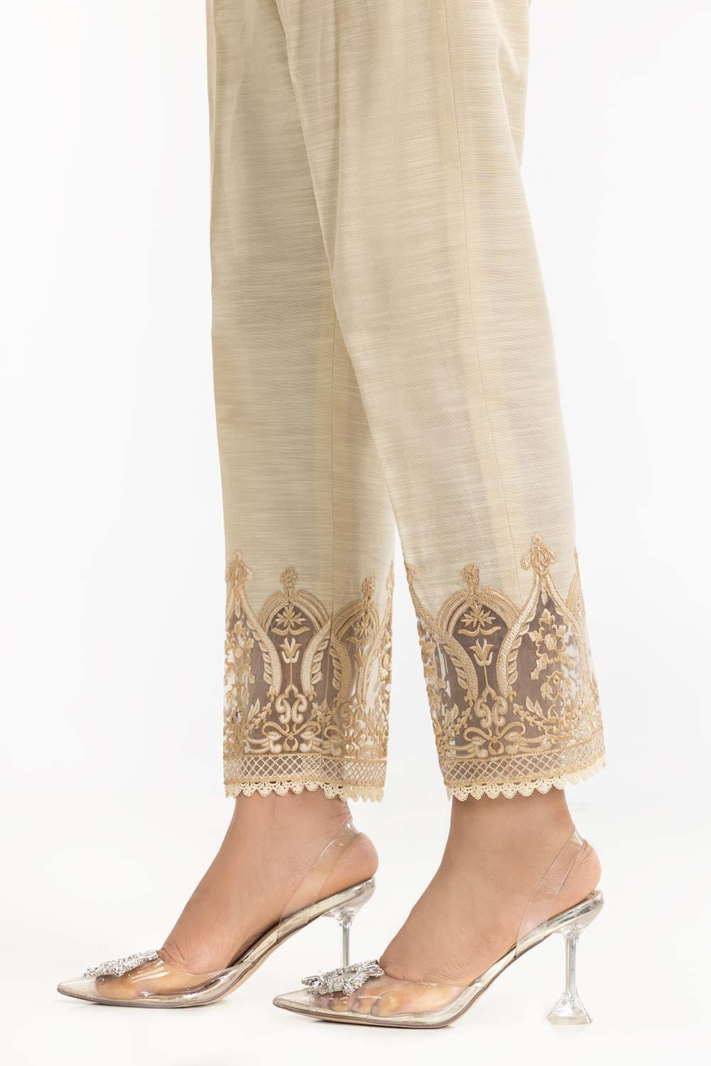 Beige Khaddar Embroidered Trouser