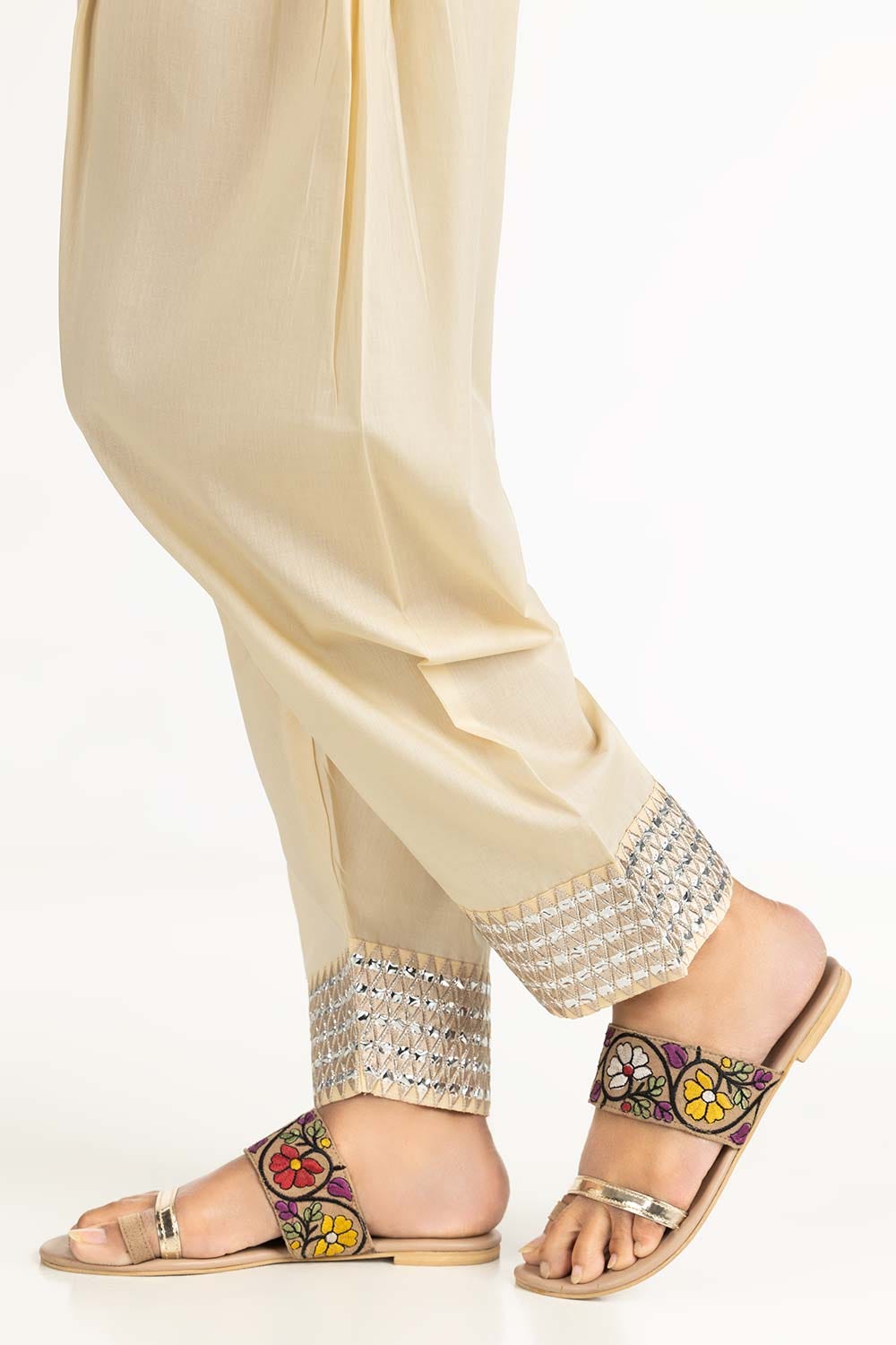Beige Embroidered Cambric Shalwar