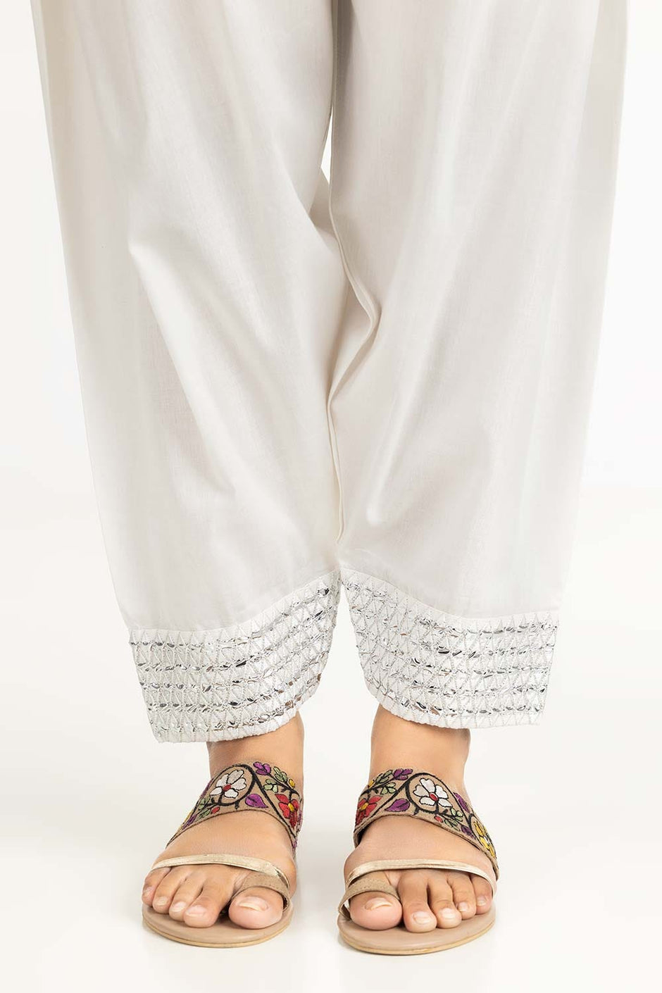 Off White Embroidered Cambric Shalwar