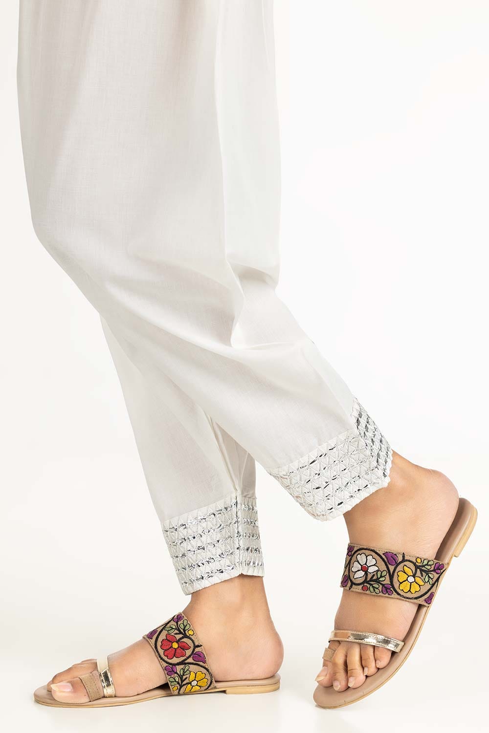 Off White Embroidered Cambric Shalwar