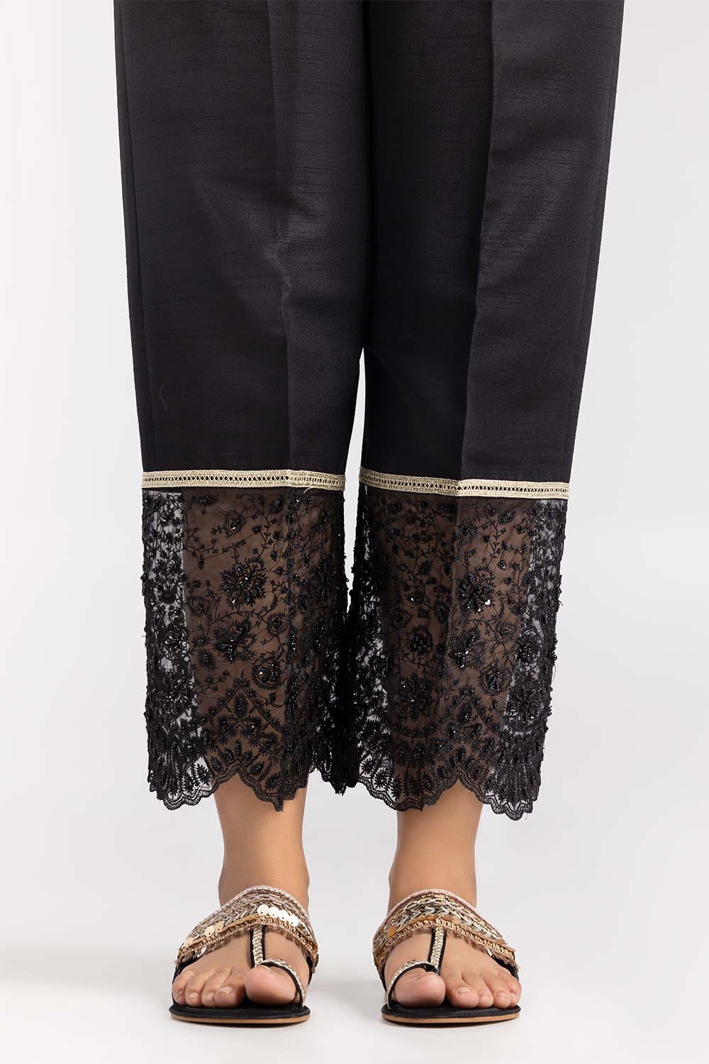 Black Raw Silk Embroidered Trousers TR-22-28