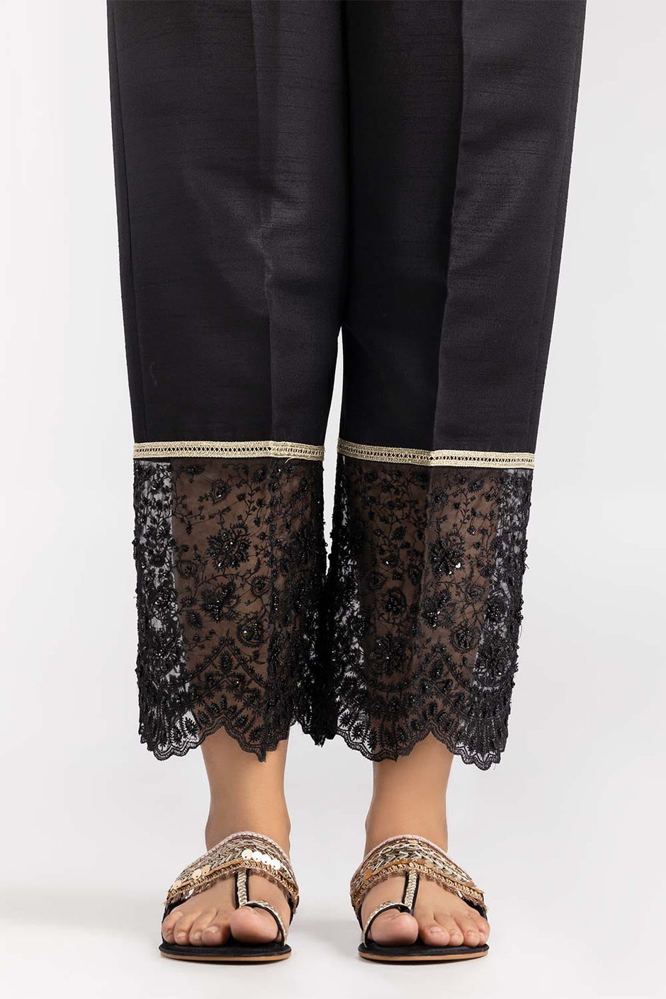 Black Raw Silk Embroidered Trousers