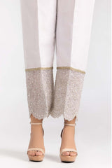 White Raw Silk Embroidered Trousers TR-22-28