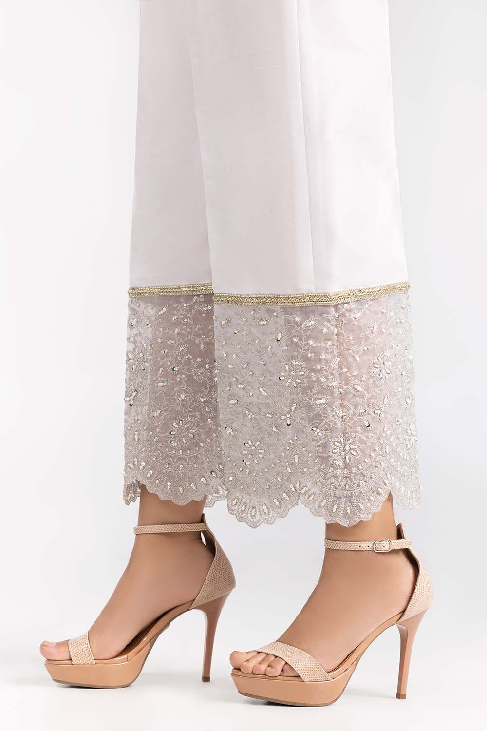 White Raw Silk Embroidered Trousers TR-22-28